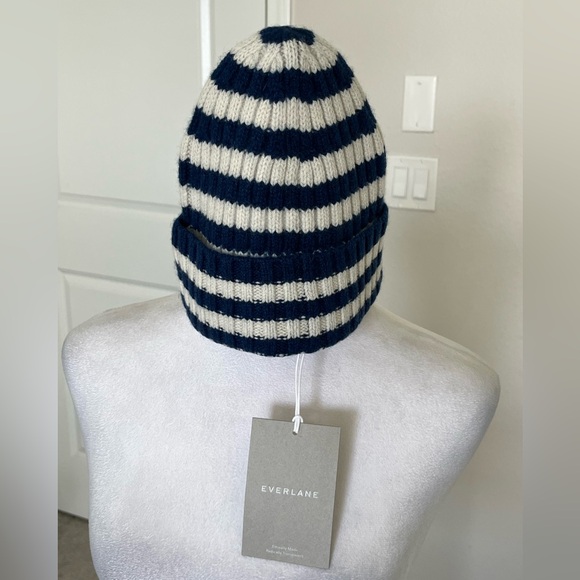 NWT Everlane Cashmere Navy and White Striped Beanie Hat main image 5